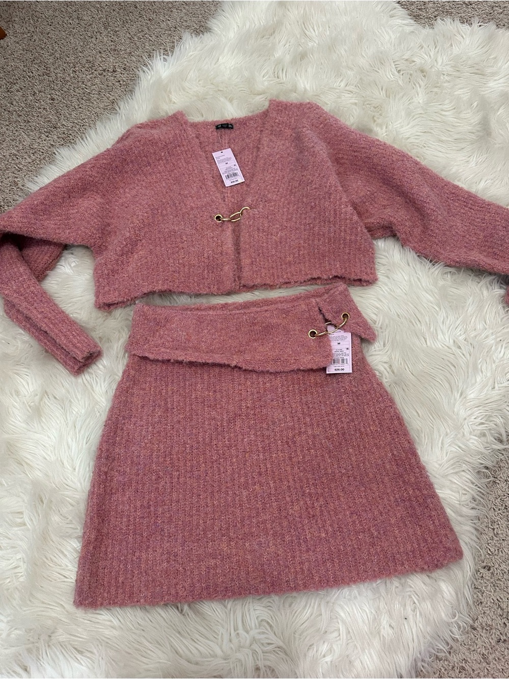 Cozy Rose Pink Knit Crop Cardigan & Skirt Set